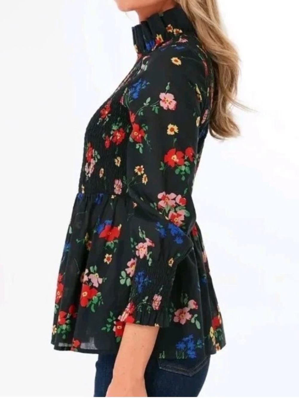 Tuckernuck After Light Amaryllis Rowen Floral Black Top Smocked Peplum - Picture 3 of 9